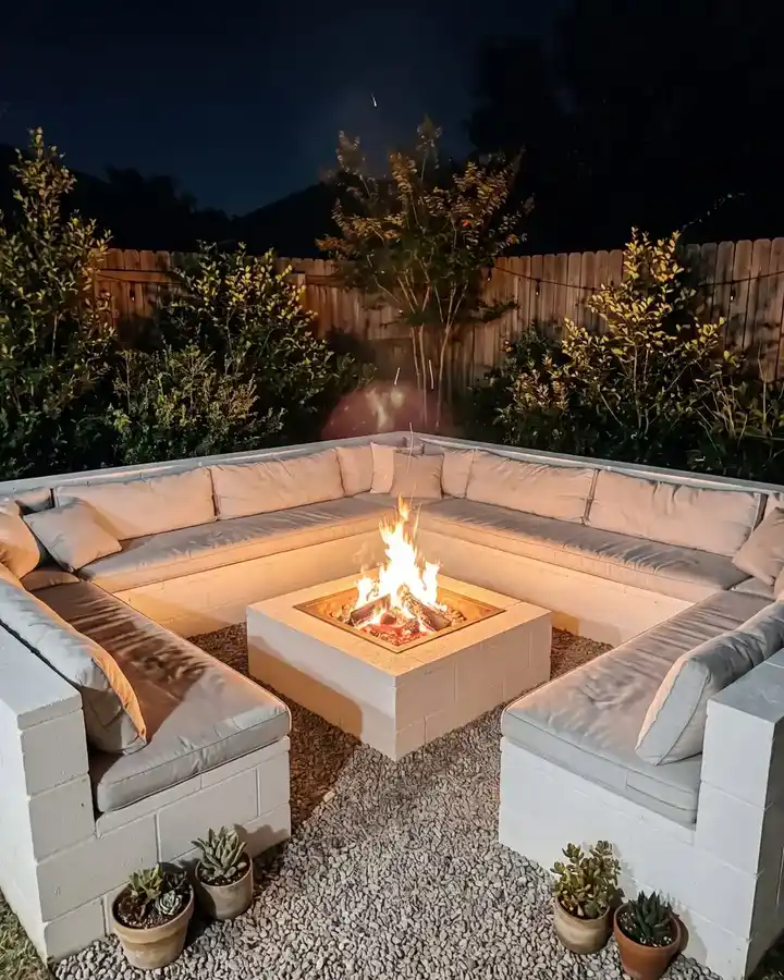 Modern square fire pit surrounded by deep cushioned seating, gravel, and small planters
