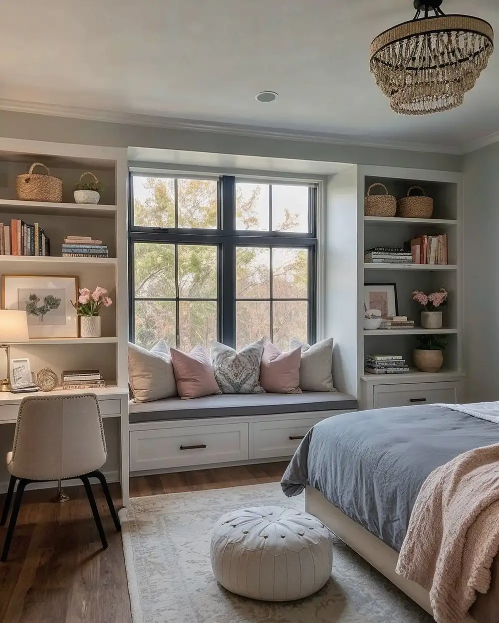Small bedroom with built-in window seat, storage drawers, shelving and compact desk