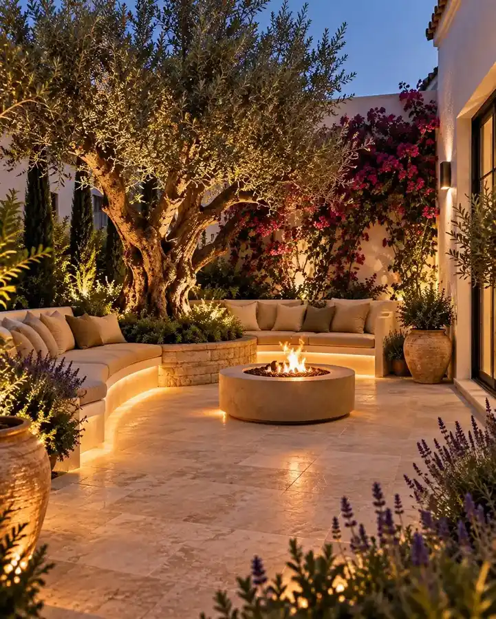 Round fire bowl on a warm-toned patio surrounded by desert-style plants and garden lighting