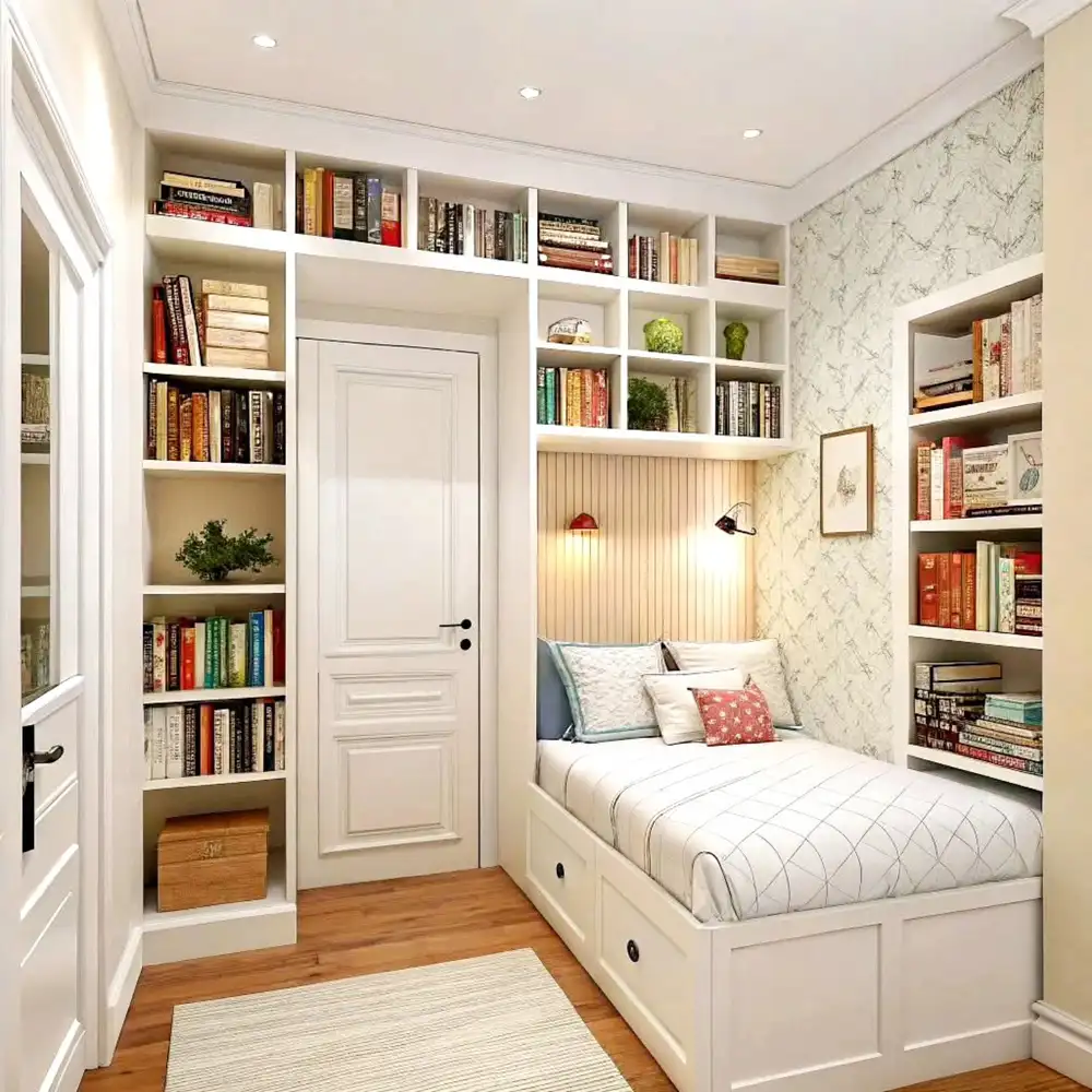 Small bedroom with built-in bookshelves surrounding the doorway and storage drawers under the bed