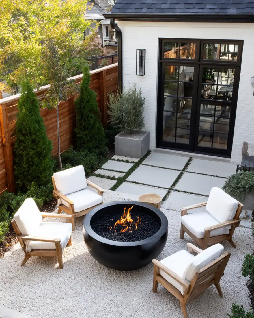 Small round backyard fire pit with four light-colored chairs beside a house