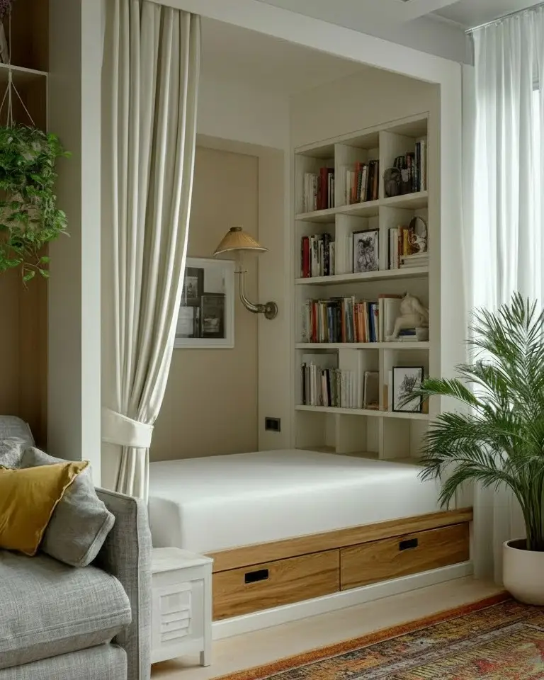 Raised bed nook with curtain divider, built-in platform drawers and shelving