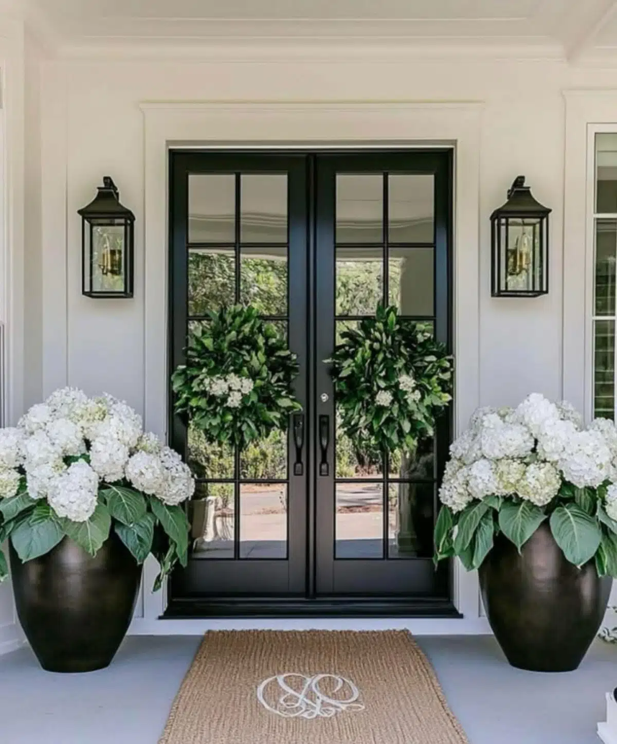 Farmhouse entrance with black framed glass doors, matching dark planters, and full white flowers