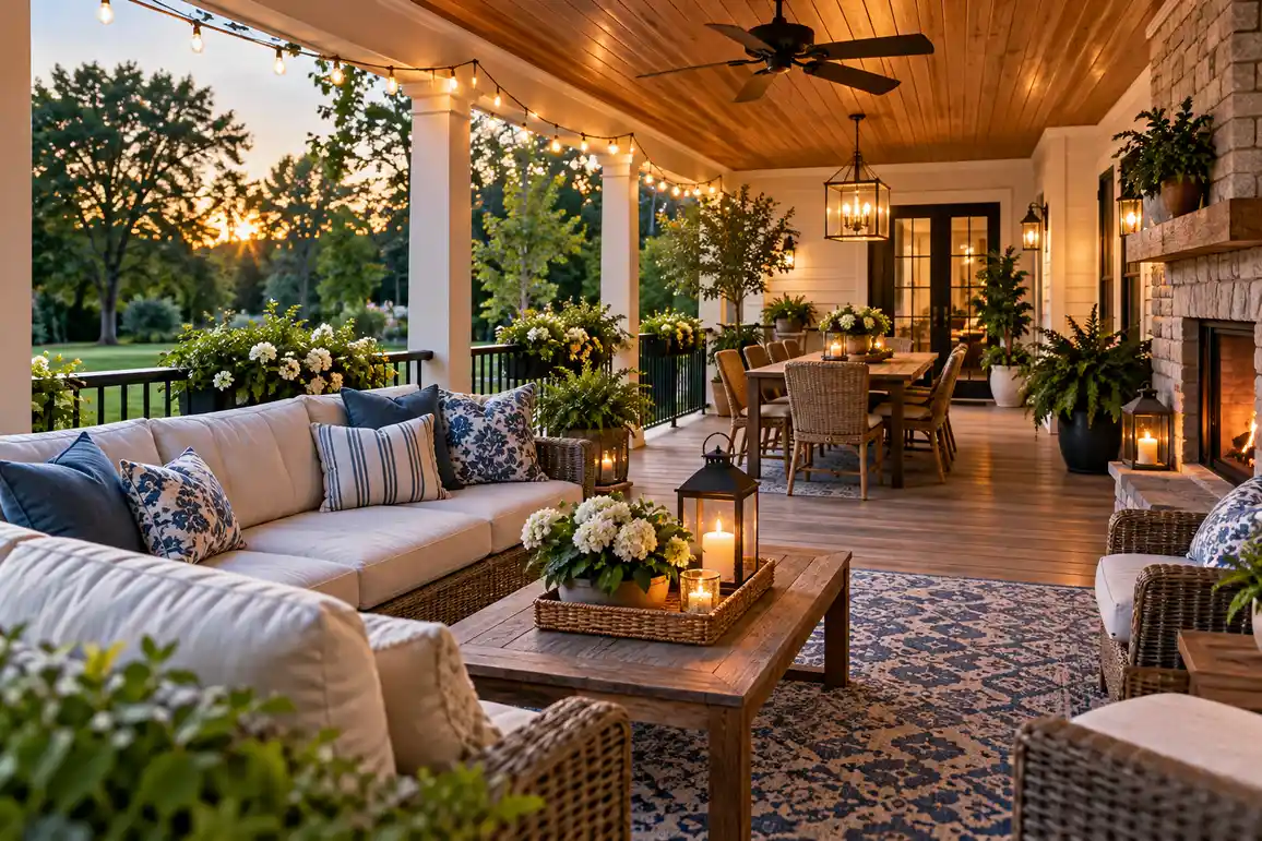 Cozy covered back porch with a cream sofa, blue patterned pillows, outdoor dining table, string lights, potted flowers, and stone fireplace at sunset.
