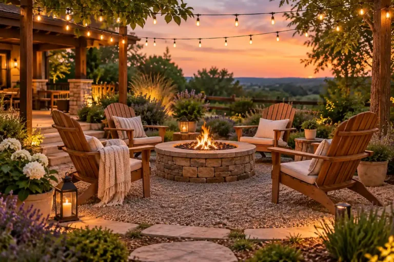 Backyard fire pit with wooden pergola, Adirondack chairs, string lights, garden plants, and a warm evening landscape.