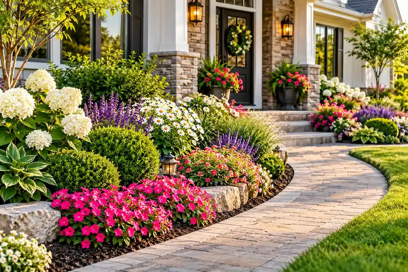 Colorful cottage garden entrance with blooming hydrangeas, daisies, pink flowers, purple salvia, green shrubs, and a curved brick walkway to the front door.