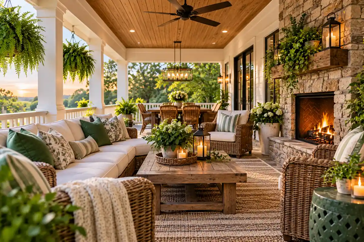 Spacious covered porch with wicker seating, stone fireplace, wood ceiling, lush greenery, and warm outdoor lighting at sunset