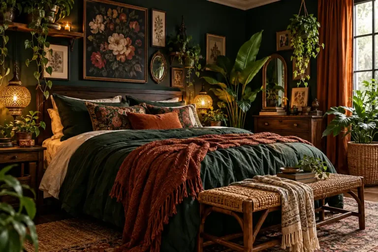 Dark boho bedroom with deep green bedding, rust throw, warm wood furniture, woven bench, vintage floral art, glowing lanterns, and lush plants