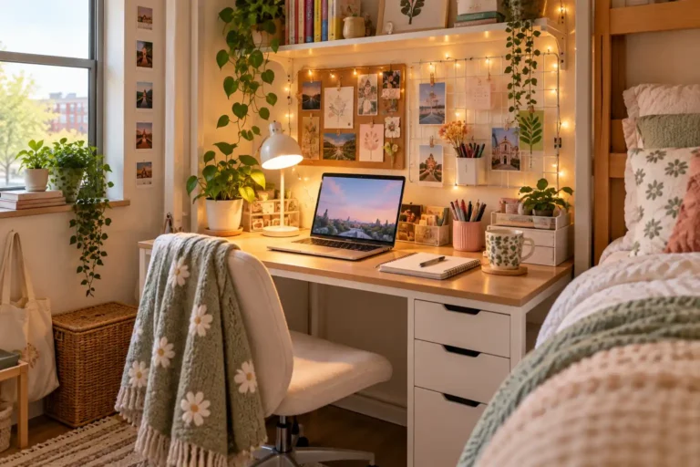 Cozy dorm desk with laptop, warm string lights, plants, memo boards, organized stationery, and a bed beside the study area.