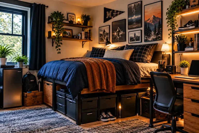 Cozy guy’s dorm room with navy bedding, warm lighting, under-bed storage, a study desk, mini fridge, plants, and framed wall art