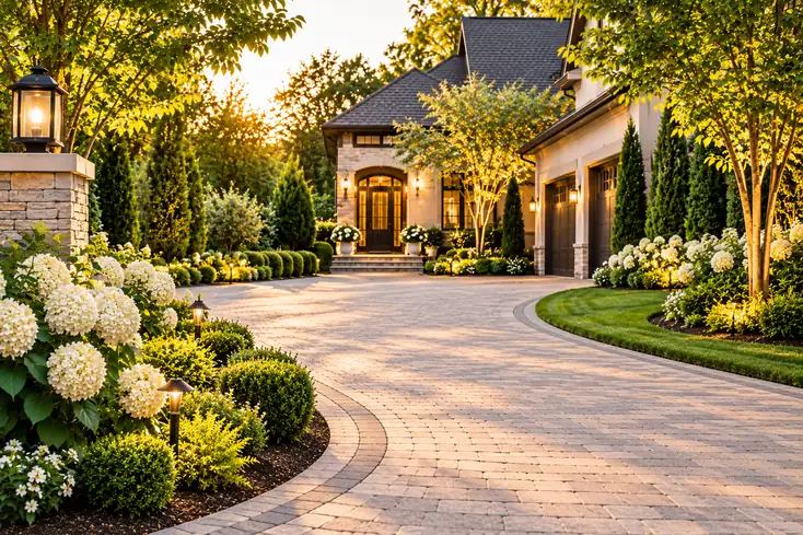 Luxurious home entrance with a curved paver driveway, landscaped garden beds, flowering shrubs, evergreen trees, and warm outdoor lighting at sunset.