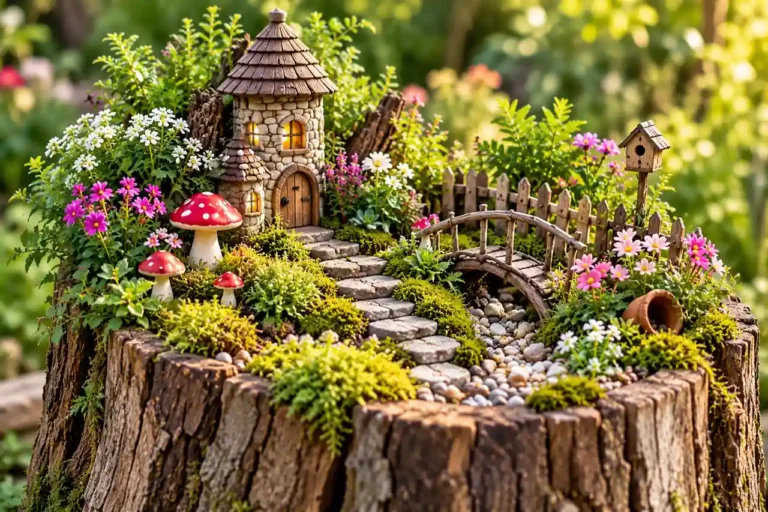 Fairy garden with a tiny stone cottage, winding path, moss, flowers, mushrooms, and a rustic wooden bridge