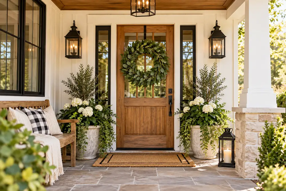 Farmhouse front porch with a natural wood front door, green wreath, black lantern sconces, white siding, potted greenery, white flowers, and a rustic bench.