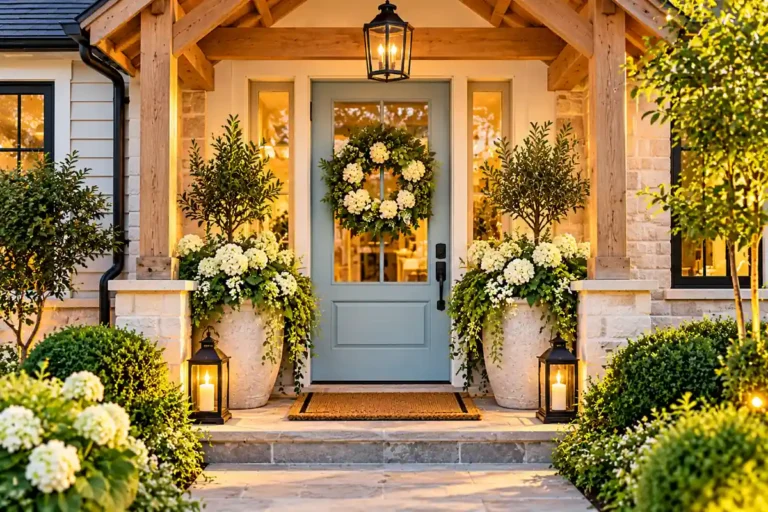 Blue front door with a green wreath, white hydrangeas in large planters, warm lantern lighting, and a rustic wooden porch awning surrounded by lush greenery.