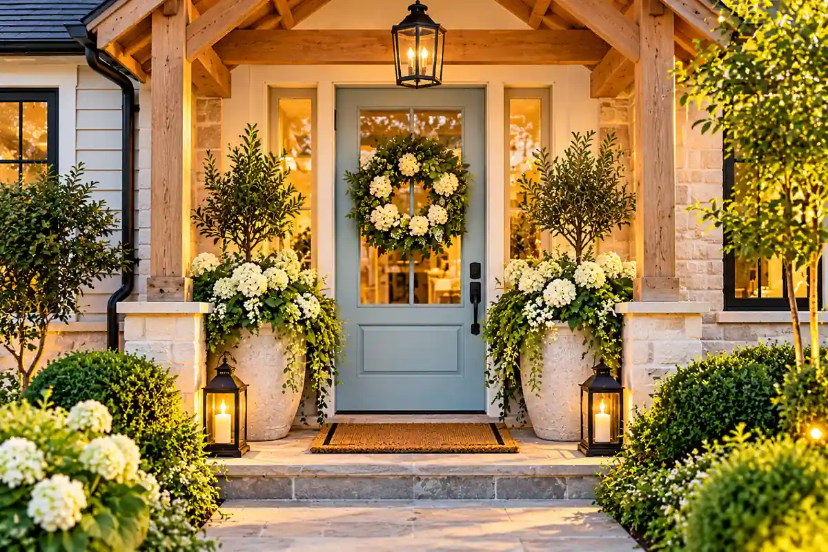 Blue front door with a green wreath, white hydrangeas in large planters, warm lantern lighting, and a rustic wooden porch awning surrounded by lush greenery.