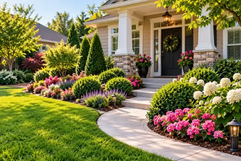 Front yard landscaping with a curved walkway, lush green lawn, colorful pink and purple flowers, white hydrangeas, trimmed shrubs, and pathway lights beside a welcoming home entrance.