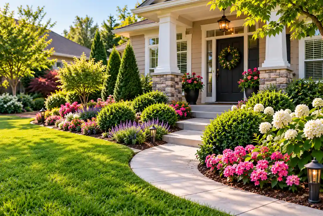 Front yard landscaping with a curved walkway, lush green lawn, colorful pink and purple flowers, white hydrangeas, trimmed shrubs, and pathway lights beside a welcoming home entrance.