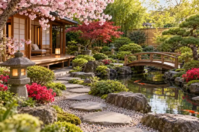 Japanese garden with a koi pond, curved wooden bridge, stone lanterns, stepping-stone path, cherry blossoms, red Japanese maple, and lush green shrubs.