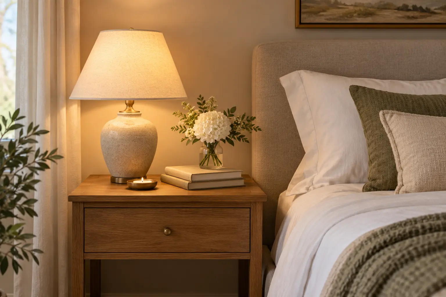 Warm wood nightstand styled with a ceramic lamp, white flowers, books, candle, and neutral bedding