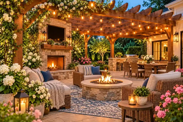 Cozy outdoor patio with a wooden pergola, warm string lights, wicker seating, stone fireplace, round fire pit, and colorful flowering plants
