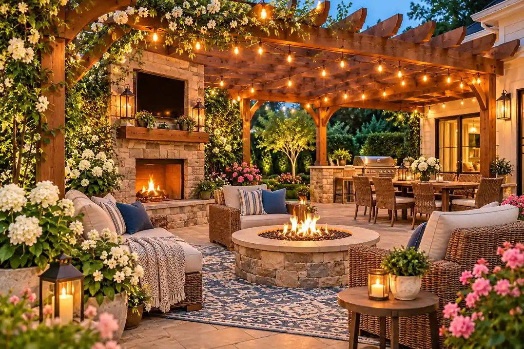 Cozy outdoor patio with a wooden pergola, warm string lights, wicker seating, stone fireplace, round fire pit, and colorful flowering plants