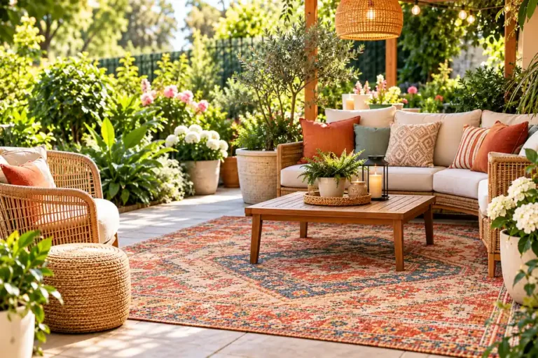 A cozy outdoor patio with wicker seating, cream cushions, a terracotta and navy patterned rug, a wooden coffee table, lush green plants, and warm string lights.