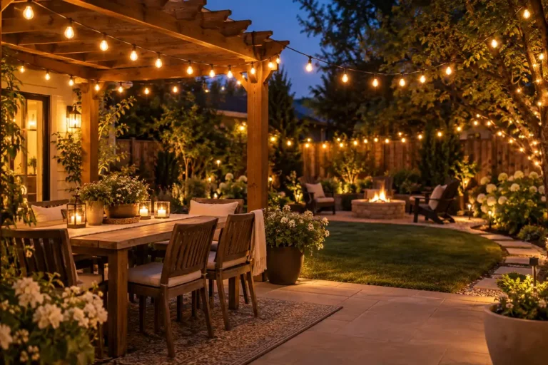 Realistic backyard patio with warm outdoor string lights hanging above a wooden pergola, cozy dining area, candles, lush greenery, and a garden seating area at dusk.