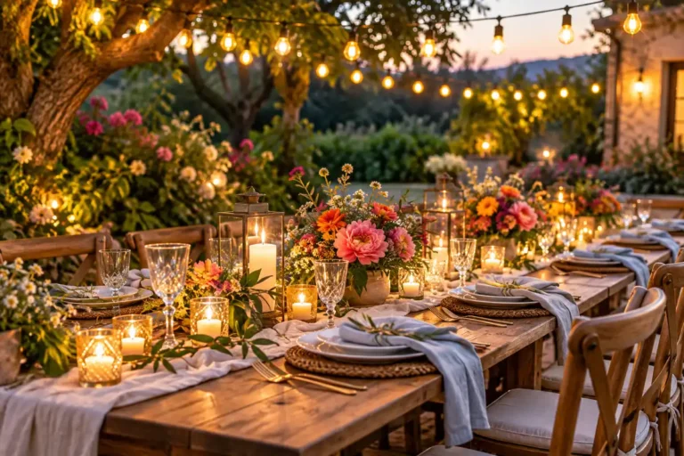 Outdoor table decor featuring a rustic wooden dining table with colorful flowers, glowing candles, lanterns, and warm string lights in a lush garden setting.