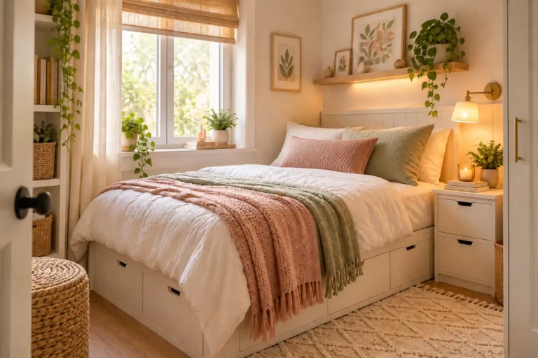 Cozy small bedroom with under-bed storage, white bedding, blush and sage throws, plants, wall shelf, and warm bedside lighting.
