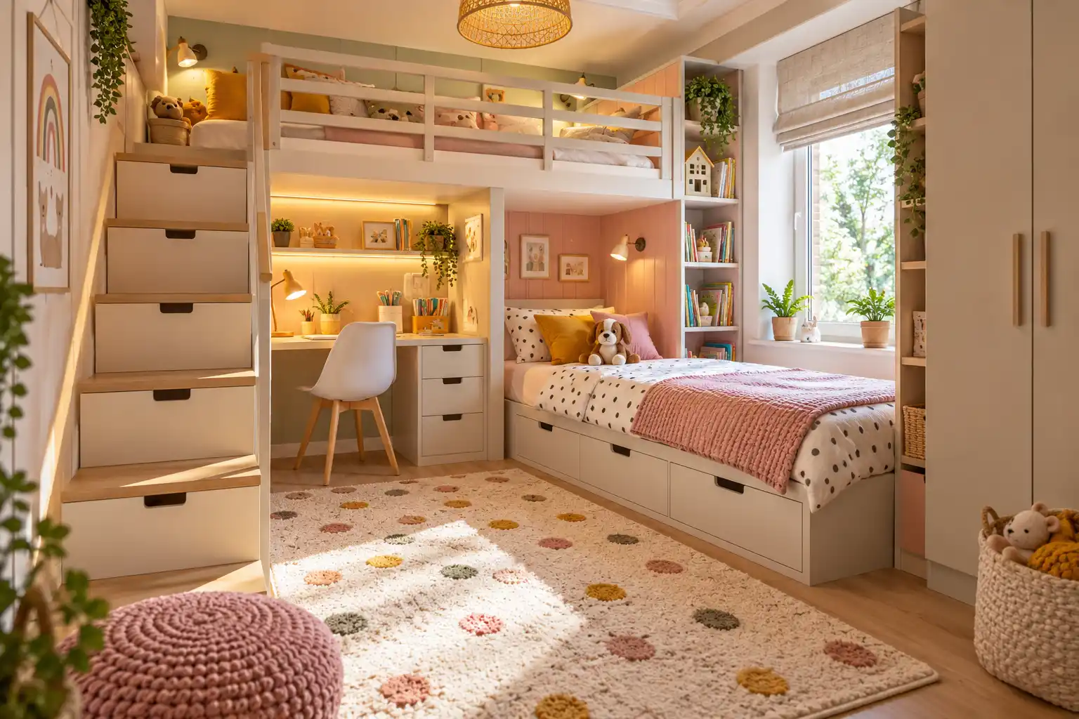 Bright small kids bedroom with loft bed, built-in desk, storage stairs, lower bed, shelves, and soft pink accents.