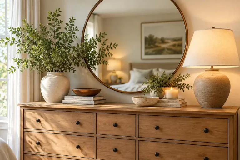 Wood dresser styled with a large round brass mirror, leafy branches, stacked books, decorative bowls, candle, and warm table lamp in a neutral bedroom.